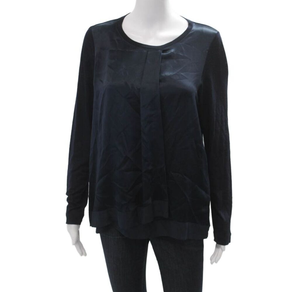 Whyci Milano Womens Designer Blouse Dark Blue Wool Blend Long Sleeve Size 44